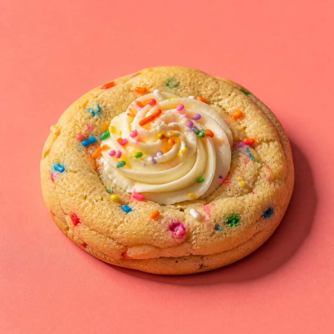 A birthday cake cookie with rainbow sprinkles and vanilla frosting