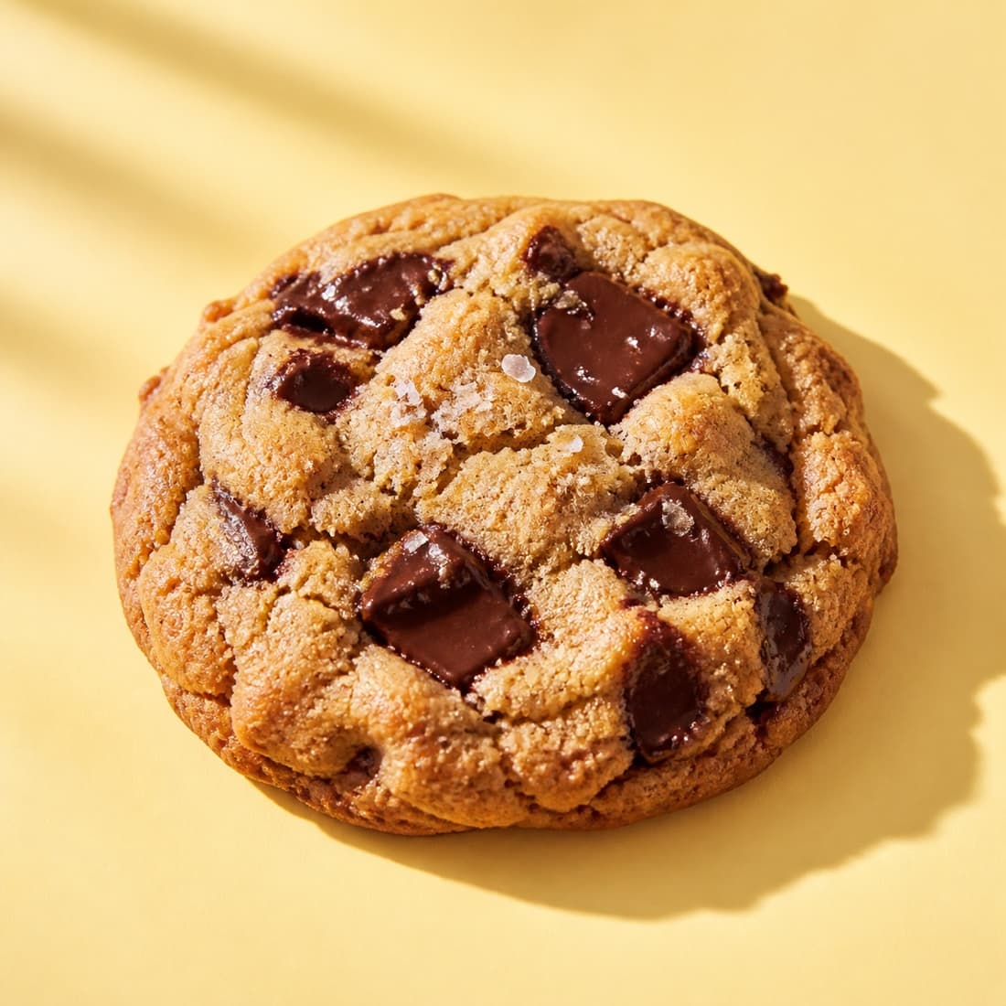 A thick chocolate chip cookie with dark chocolate chunks and flaky salt